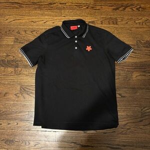 Buki Collection Black Short Sleeve Button Up Polo with Flower Logo - Size XL